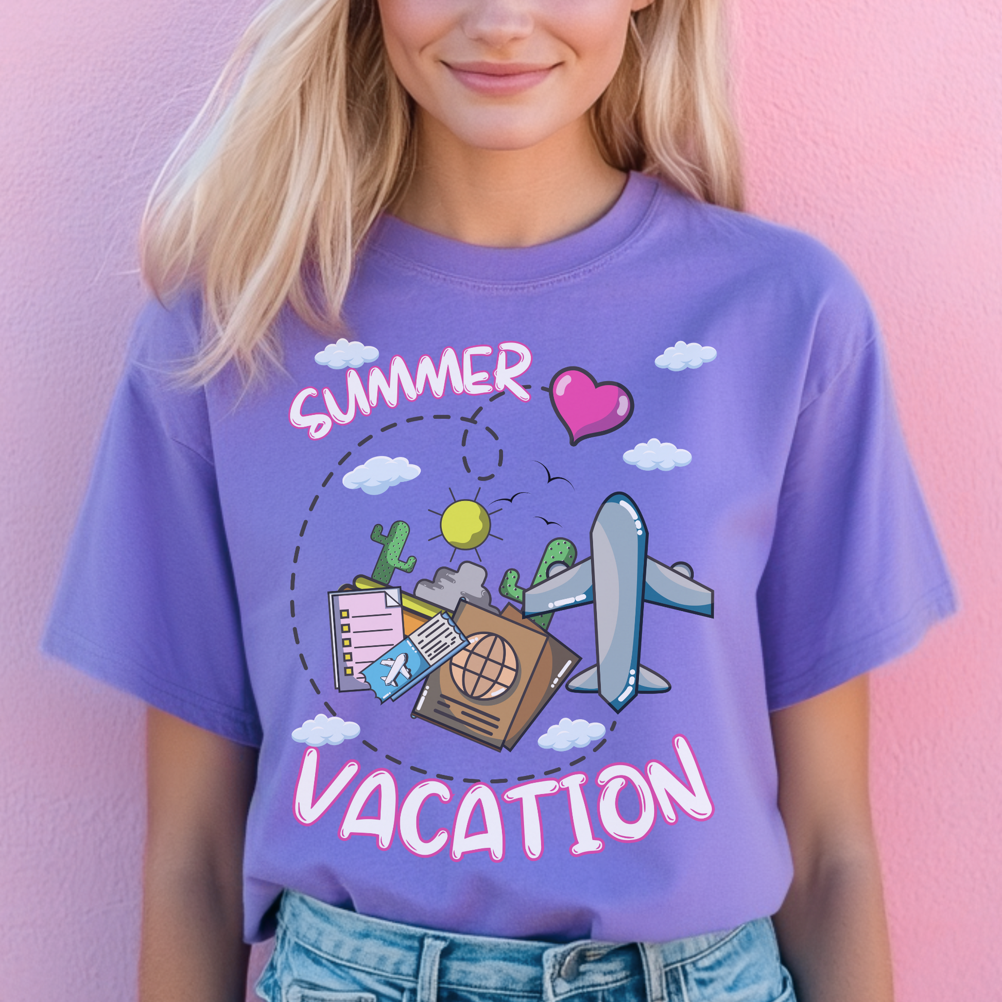 Summer vacation airplane pink heart comfort colors hot sweet tees free shipping beach vacay women t shirt birthday gift holiday  plane airplane travel suitcase desert clouds pink heart ticket to ride dream vacation women t shirt men t shirt kids t shirt vacation free shipping Violet