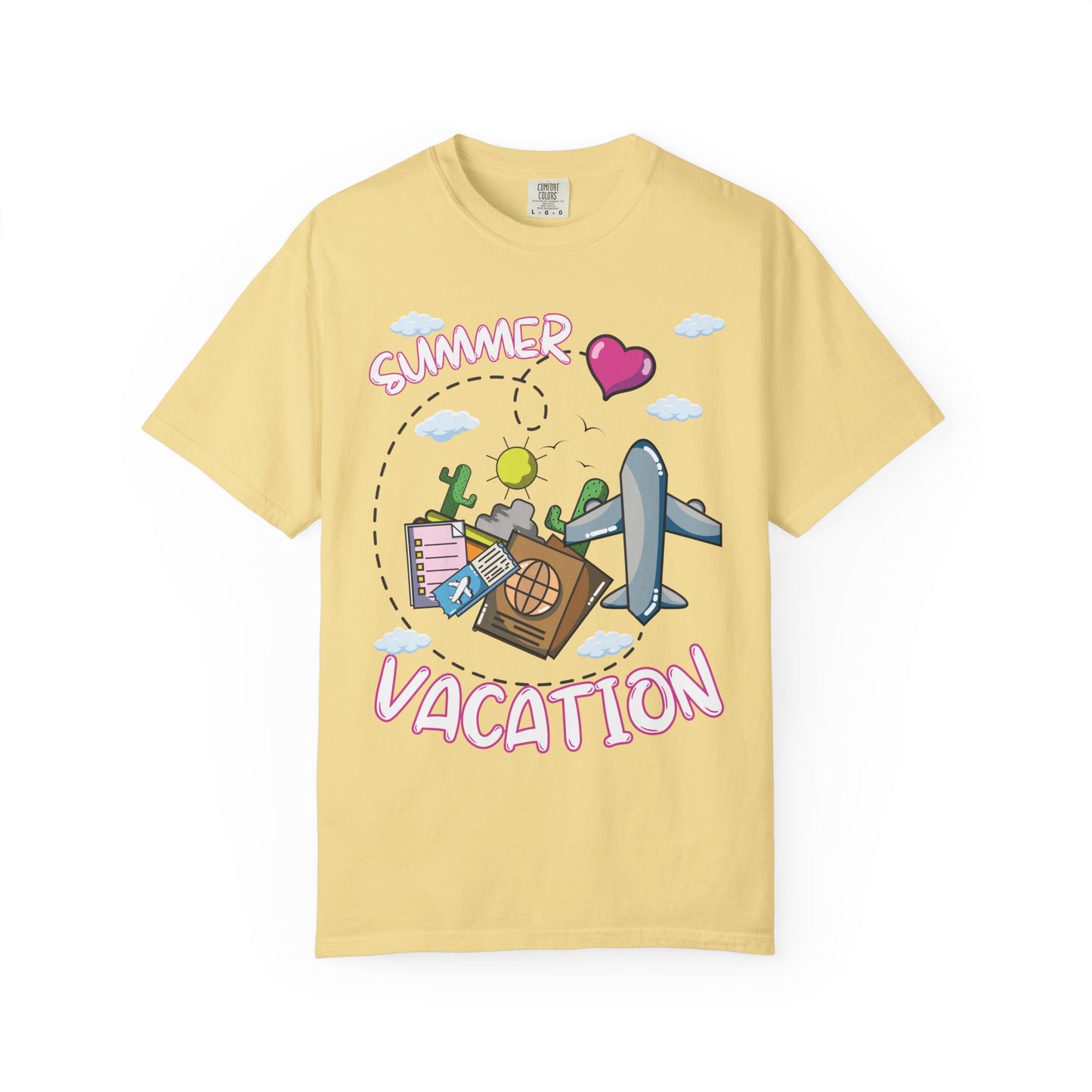 Summer vacation airplane pink heart comfort colors hot sweet tees free shipping beach vacay women t shirt birthday gift holiday pink heart airplanes summer sun clouds plane luggage suitcase mountains deserts Butter 