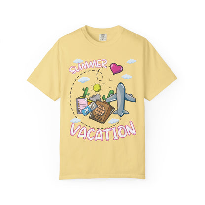 Summer vacation airplane pink heart comfort colors hot sweet tees free shipping beach vacay women t shirt birthday gift holiday pink heart airplanes summer sun clouds plane luggage suitcase mountains deserts Butter 