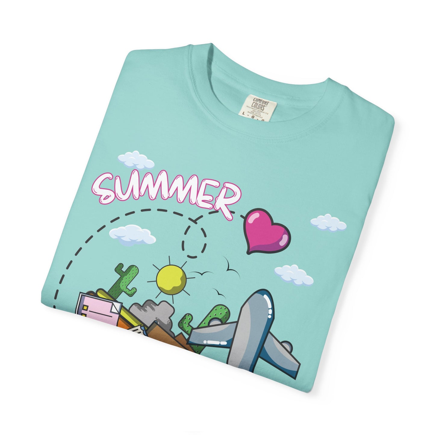 Summer vacation airplane pink heart comfort colors hot sweet tees free shipping beach vacay women t shirt birthday gift holiday pink heart airplanes summer sun clouds plane luggage suitcase mountains deserts