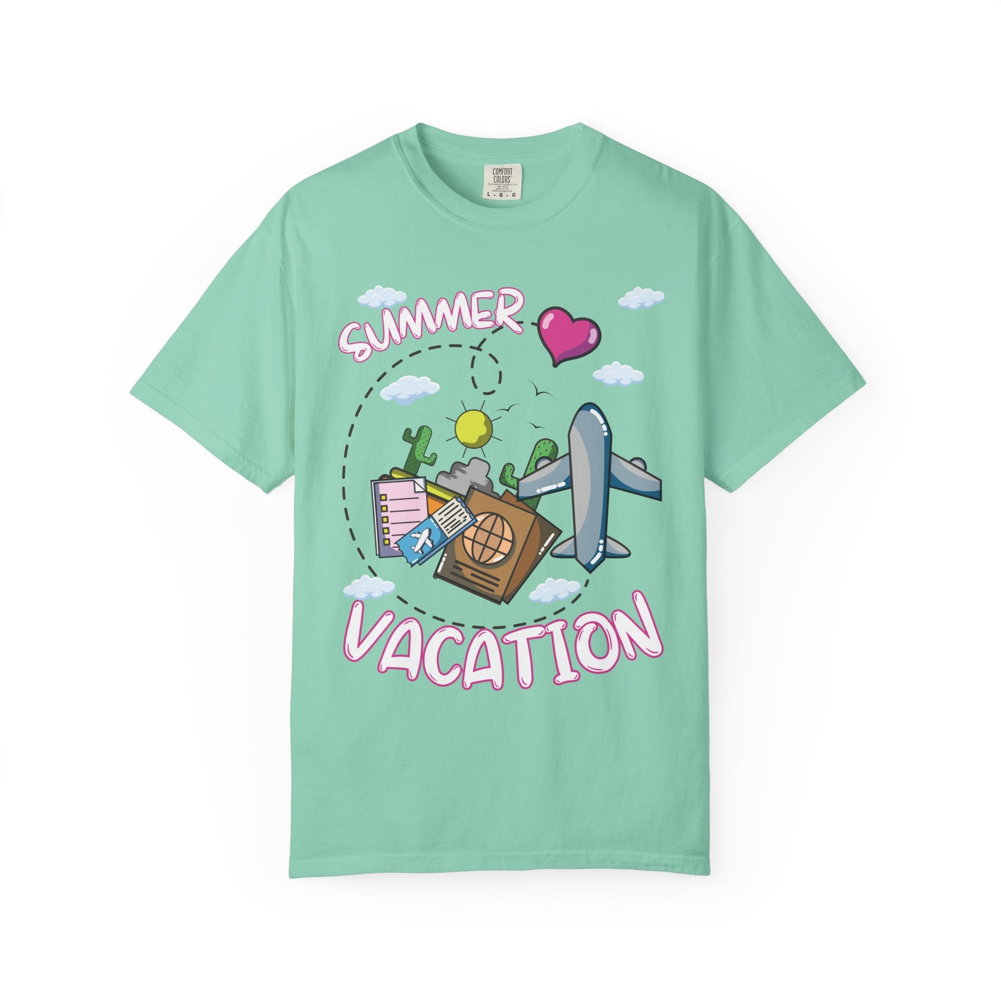 Summer vacation airplane pink heart comfort colors hot sweet tees free shipping beach vacay women t shirt birthday gift holiday  plane airplane travel suitcase desert clouds pink heart ticket to ride dream vacation women t shirt men t shirt kids t shirt vacation free shipping Chalky mint