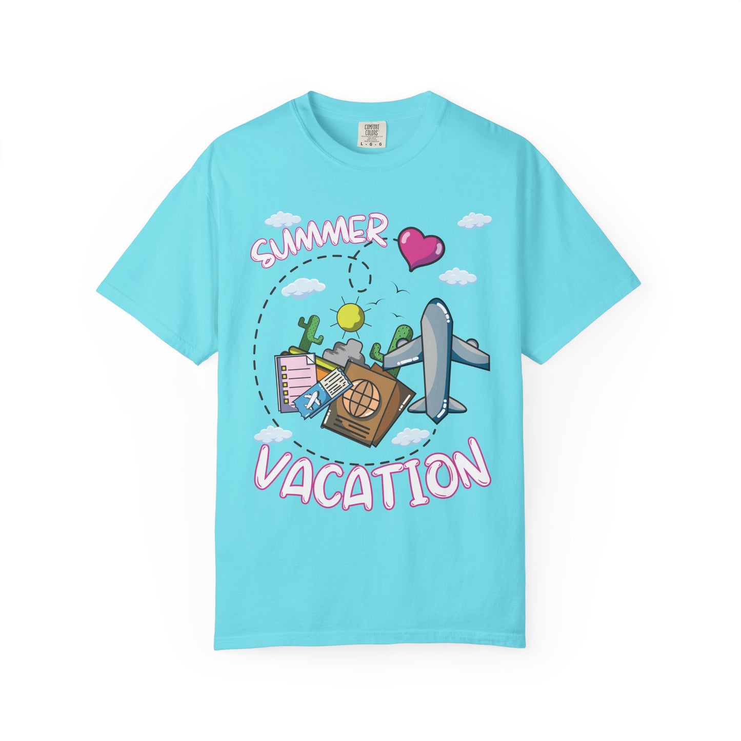 Summer vacation airplane pink heart comfort colors hot sweet tees free shipping beach vacay women t shirt birthday gift holiday pink heart airplanes summer sun clouds plane luggage suitcase mountains deserts lagoon blue