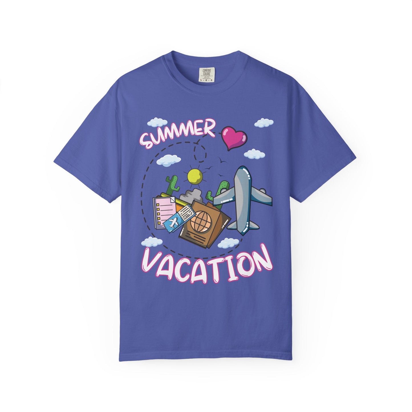 Summer vacation airplane pink heart comfort colors hot sweet tees free shipping beach vacay women t shirt birthday gift holiday  plane airplane travel suitcase desert clouds pink heart ticket to ride dream vacation women t shirt men t shirt kids t shirt vacation free shipping Periwinkle purple