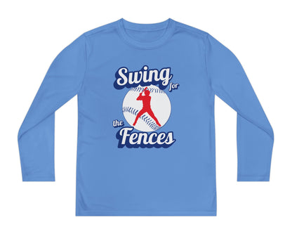 Swing for the fences unisex kids long sleeve t shirt hot sweet tees baseball theme sports shirt practice shirt baseball player little league free shipping birthday gift  moisture wicking practice shirt Carolina blue