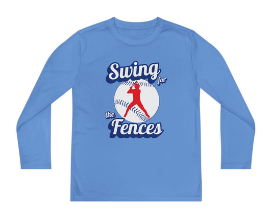 Swing for the fences unisex kids long sleeve t shirt hot sweet tees baseball theme sports shirt practice shirt baseball player little league free shipping birthday gift  moisture wicking practice shirt Carolina blue