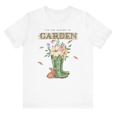 Tis the season to garden hotsweettees spring time gardening gardener gift free shipping unisex soft spring t shirt spring bunny rain boots butterflies watercolor flowers Gift garden spring time pastels Easter bunny White tee brown bunny