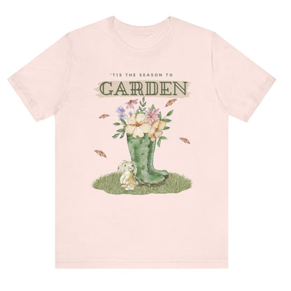 Tis the season to garden hotsweettees spring time gardening gardener gift free shipping unisex soft spring t shirt spring bunny rain boots butterflies watercolor flowers Gift garden spring time pastels Easter bunny Pink white bunny