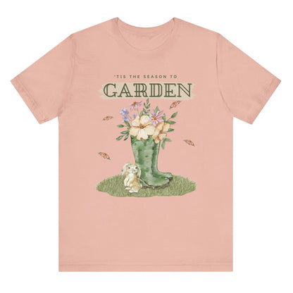 Tis the season to garden hotsweettees spring time gardening gardener gift free shipping unisex soft spring t shirt spring bunny rain boots butterflies watercolor flowers Gift garden spring time pastels Easter bunny Peach white bunny
