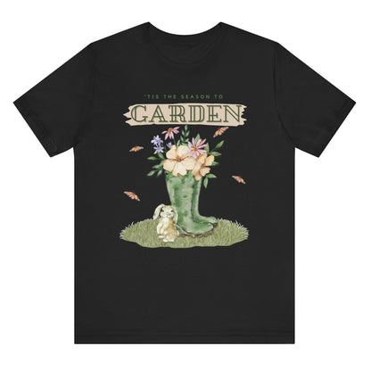 Tis the season to garden hotsweettees spring time gardening gardener gift free shipping unisex soft spring t shirt spring bunny rain boots butterflies watercolor flowers Gift garden spring time pastels Easter bunny Black white bunny