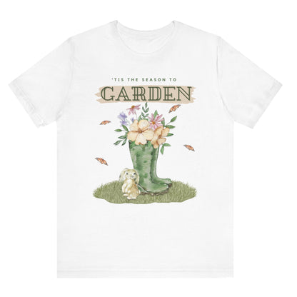Tis the season to garden hotsweettees spring time gardening gardener gift free shipping unisex soft spring t shirt spring bunny rain boots butterflies watercolor flowers Gift garden spring time pastels Easter bunny White bunny