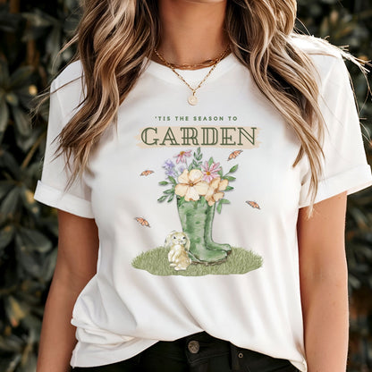 Tis the season to garden hotsweettees spring time gardening gardener gift free shipping unisex soft spring t shirt spring bunny rain boots butterflies watercolor flowers Gift garden spring time pastels Easter bunny