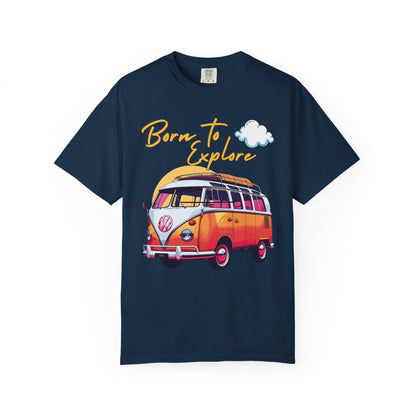 Comfort colors  t shirt born to explore traveler vintage VW bus van life hotsweettees free shipping gift hobby travel pink font white puffy cloud mountains sunrise pink yellow blue green comfort t shirt fall ready traveler mountain Vw bus vintage Vw bus 1960s bus van life bus life