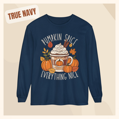 fall long sleeve pumpkin spice coffee autumn hotsweettees free shipping gift birthday women long sleeve fall long sleeve shirt cotton long sleeve comfort colors orange fall leaves pumpkins 
