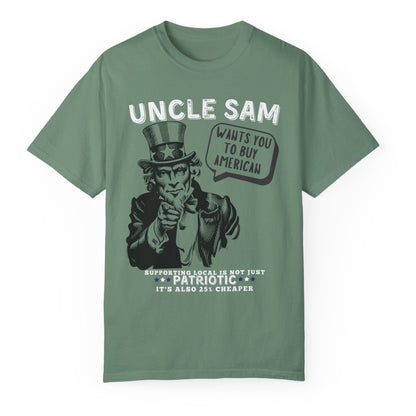 Light green Uncle Sam wants you to buy American tariffs trump 2025 USA patriotic unisex t shirt hotsweettees red white and blue support American businesses Elon musk hot sweet tees patriotic man birthday gift military gun owners second amendment america is back USA trump president Uncle Sam wants you Uncle Sam baby blue unisex t shirt comfort colors free shipping hot sweet tees buy local buy American tariffs 