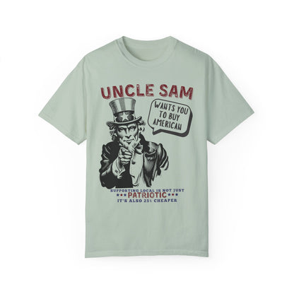 Uncle Sam wants you to buy American tariffs trump 2025 USA patriotic unisex t shirt hotsweettees red white and blue support American businesses Elon musk hot sweet tees patriotic man birthday gift military gun owners second amendment america is back USA trump president Uncle Sam wants you Uncle Sam baby blue unisex t shirt comfort colors free shipping hot sweet tees buy local buy American tariffs Bay