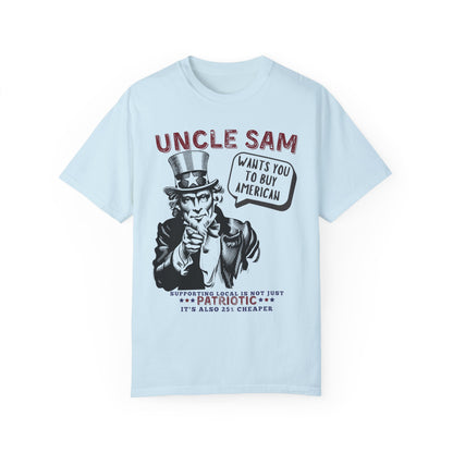 Uncle Sam wants you to buy American tariffs trump 2025 USA patriotic unisex t shirt hotsweettees red white and blue support American businesses Elon musk hot sweet tees patriotic man birthday gift military gun owners second amendment america is back USA trump president Uncle Sam wants you Uncle Sam baby blue unisex t shirt comfort colors free shipping hot sweet tees buy local buy American tariffs Chambray 