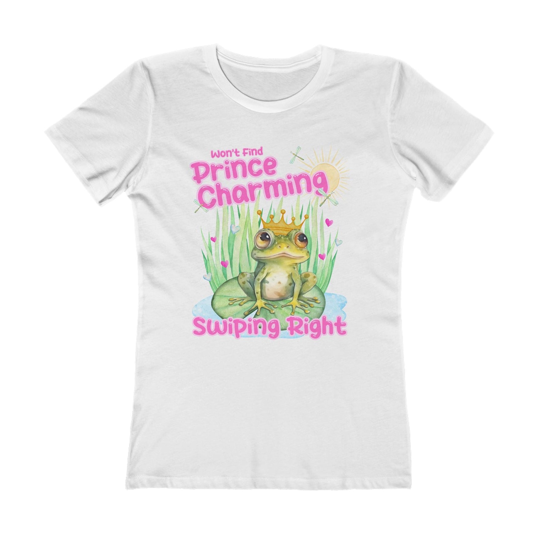 Won’t find Prince Charming swiping right womens t shirt dating apps single ladies birthday gift frog Prince pink hearts hot sweet tees next level 3900 women’s tee White tee watercolor frog lake side lily pad hearts 