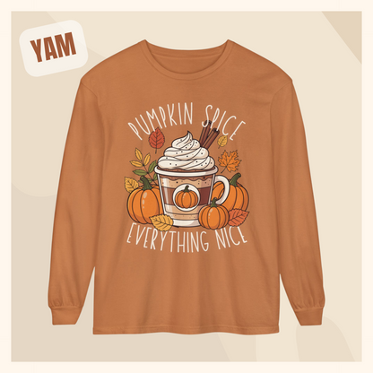 fall long sleeve pumpkin spice coffee autumn hotsweettees free shipping gift birthday women long sleeve fall long sleeve shirt cotton long sleeve comfort colors orange fall leaves pumpkins 
