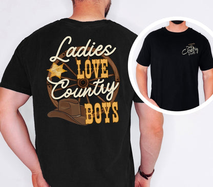Ladies love country boys t shirt unisex hotsweettees country music shirt country boy gift for dad deep country roots cowboy hat sheriff badge wagon wheel back design free shipping birthday gift dad and son matching shirts Black