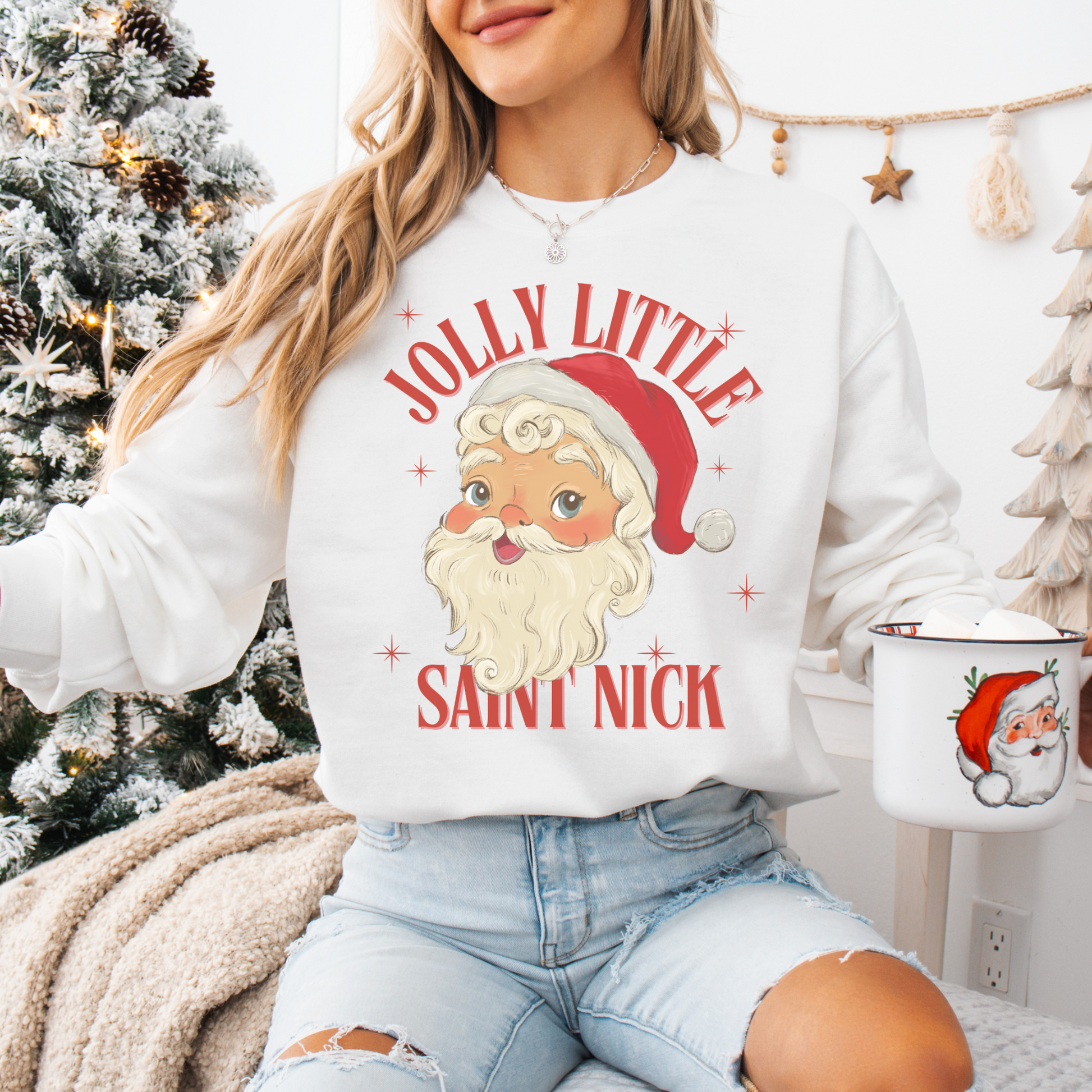 Christmas pullover sweater Santa jolly Saint Nick cotton sweater 
Jolly little Saint Nick Christmas pullover sweater Christmas themed gift Christmas sweater hotsweettees free shipping Santa themed sweater Santa Claus themed gift Santa sweater womens Santa sweater women’s Santa pullover Christmas gift 